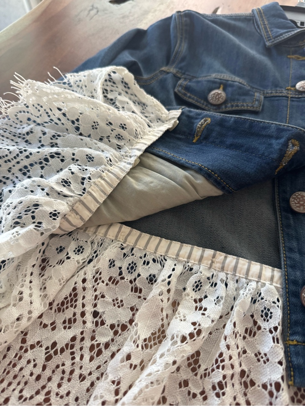 CAbi Dark Blue Denim Jacket with Contrast Stitching Lace Hem Removable - Picture 9 of 9